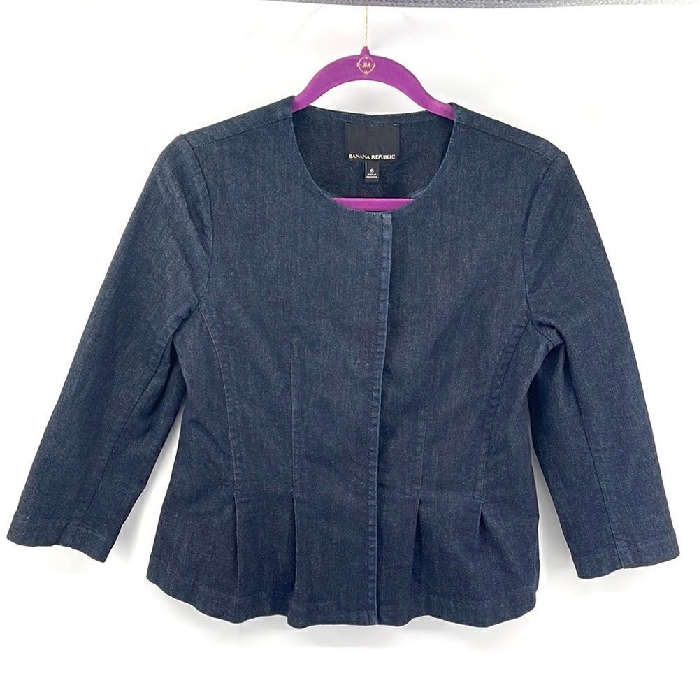 Banana Republic dark wash denim jean jacket coat blazer EUC peplum waist pleated